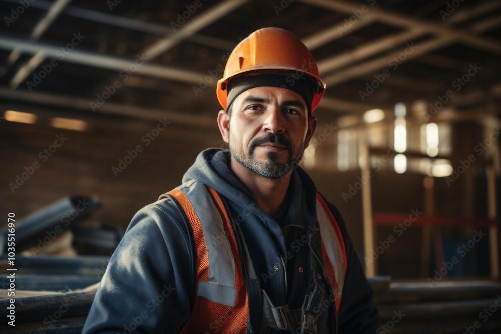 Portrait of a Hispanic construction worker inside of unfinished building Portrait of a Hispanic construction worker inside of unfinished building
