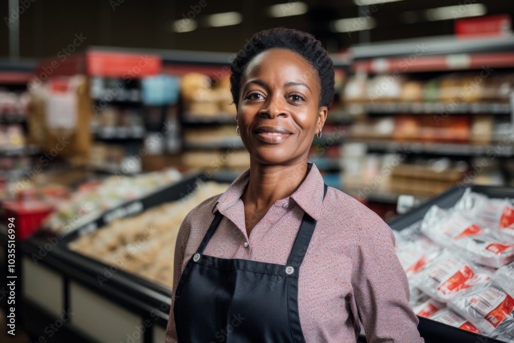 Portrait of a middle aged African American worker in grocery store Portrait of a middle aged African American worker in grocery store