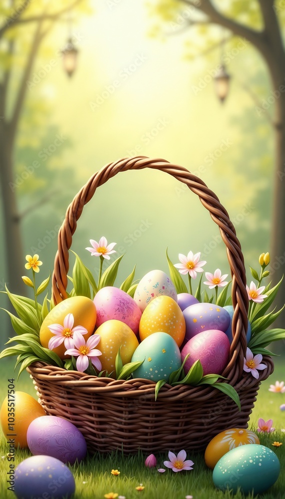 Easter card, wicker basket filled with a variety of painted eggs and spring flowers