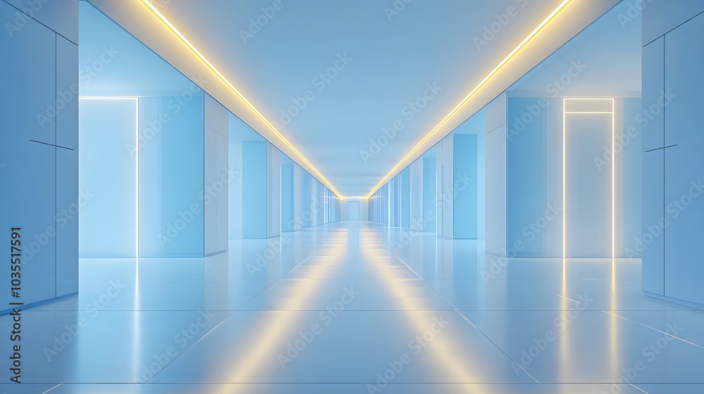 Obraz premium Minimalist light blue corridor with futuristic interior design, soft glowing LED strips, clean geometric lines, reflective floor, modern architecture, diffused lighting.