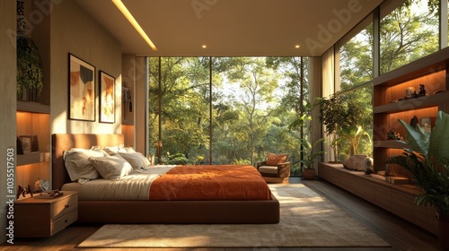 Modern bedroom with large windows overlooking a lush green forest.