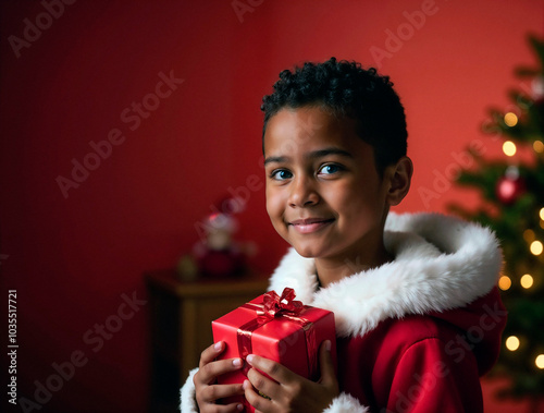 Criança negra feliz vestida de papai noel photo