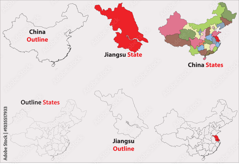 Obraz premium Jiangsu map vector of China, Jiangsu line map, Jiangsu with city map, Jiangsu outline map