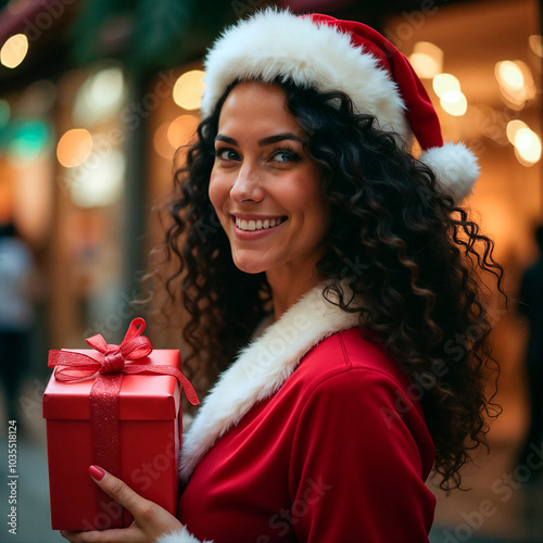 Mulher feliz vestida de papai noel segurando presente em fundo vermelho photo