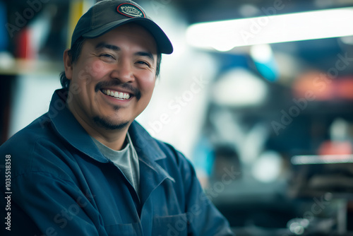 A smiling mechanic in a brightly lit auto repair shop, People photography