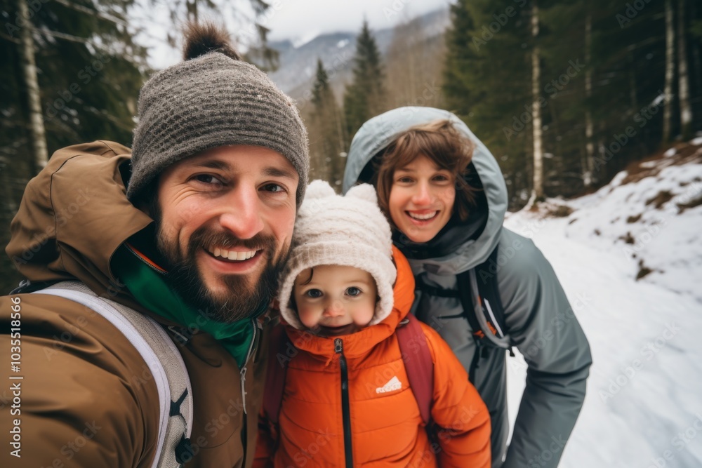 Family winter hiking adventure smiling in the snow