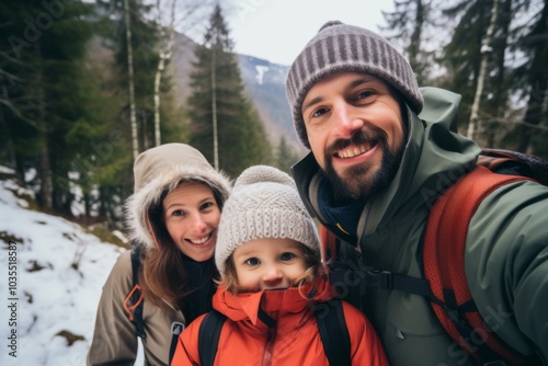 Family winter hiking adventure smiling in the snow