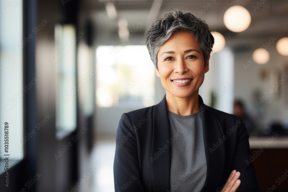 Portrait of a smiling middle aged Asian businesswoman with short hair in office Portrait of a smiling middle aged Asian businesswoman with short hair in office