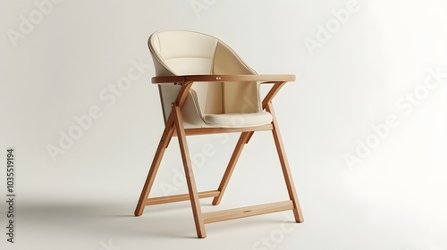 Modern baby high chair with sleek Scandinavian design, wooden frame, cream leather upholstery, ergonomic seat and safety bar, minimalist aesthetic on an off-white background.