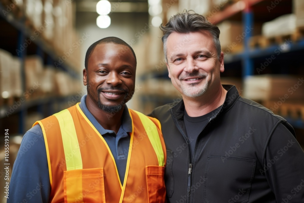 Portrait of middle aged warehouse workers on diverse ethnicity in warehouse Portrait of middle aged warehouse workers on diverse ethnicity in warehouse