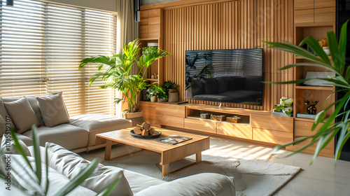 Modern interior living room design and decoration in earth tone and natural color furniture fabric sofa tv on woonden wall sunlight from blinds window. condominium showcase photo