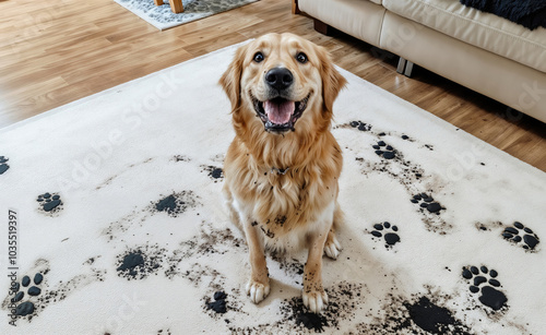 Golden retriever sitting on carpet covered in muddy paw prints photo