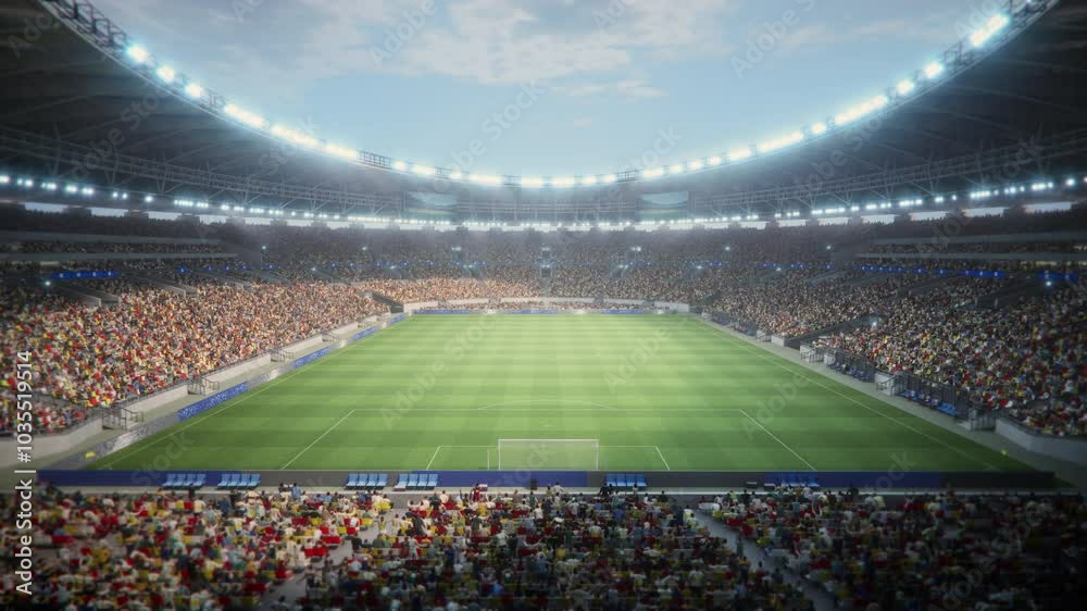Day View of a Massive Soccer Stadium Filled With Spectators. the Arena Is Packed With Fans Surrounding the Pitch, With a Goal Visible. Behind the Goals Static Wide Shot