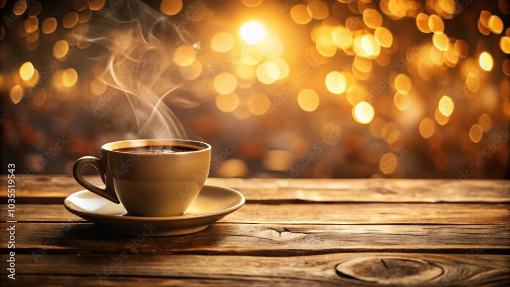 A steaming cup of coffee on a wooden table with a warm, golden bokeh background.