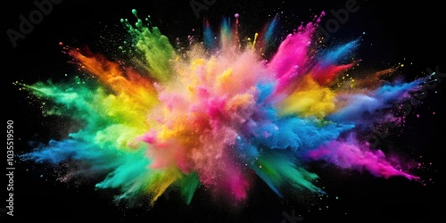 A vibrant explosion of color against a black background, creating a dazzling display of rainbow hues in motion.