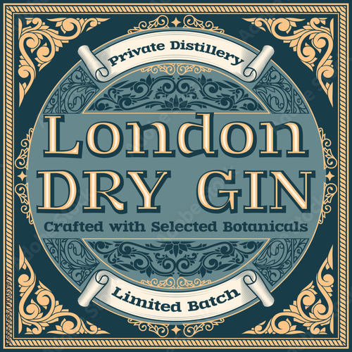 Dry gin - ornate vintage decorative label