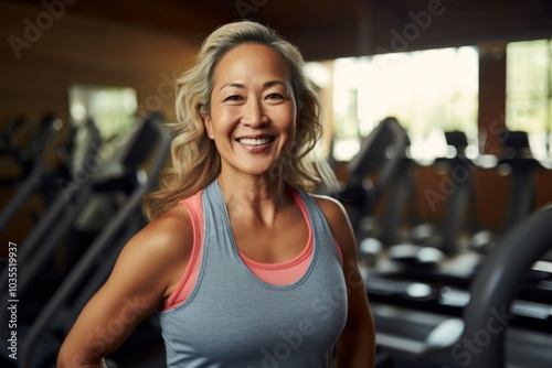 Smiling portrait of a middle aged slightly overweight woman in gym