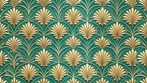 art deco floral pattern in jade ivory and gold high angle view