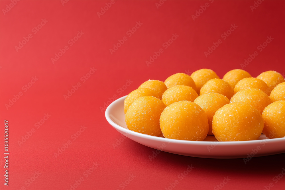 Delicious round yellow sweets on white plate on red background diwali Delicious round yellow sweets on white plate on red background diwali
