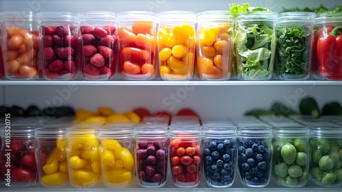 Organized refrigerator shelves with colorful fresh produce in glass containers, vibrant fruits and vegetables, neat arrangement, healthy eating concept, modern food preservation.