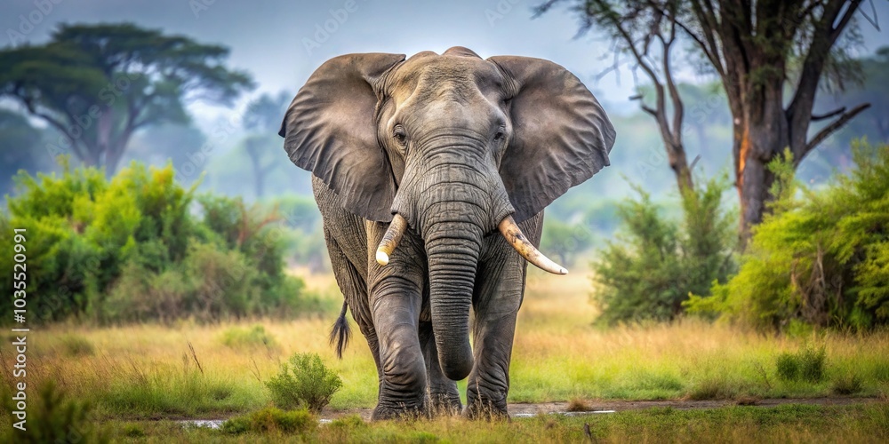 Obraz premium A massive elephant roaming freely in its natural habitat, its wrinkled gray skin glistening with dew, surrounded by acacia trees and the sounds of African wilderness., large mammals, fauna