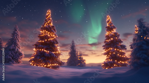 Snowy Forest with Illuminated Christmas Trees and Aurora Borealis