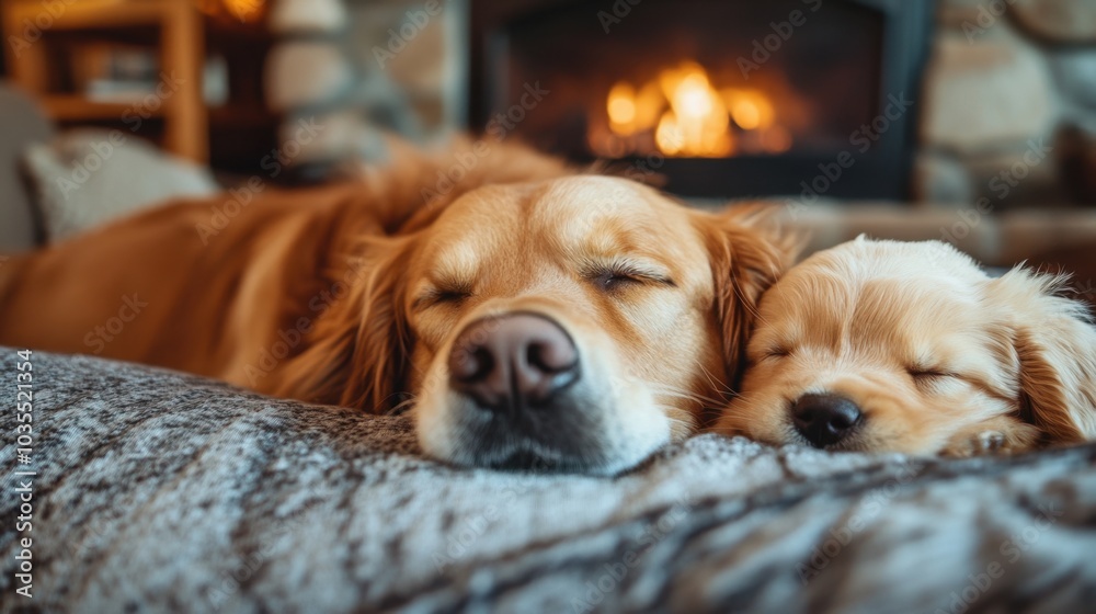 A funny big dog lounging comfortably on a couch, with a cute golden retriever puppy happily sleeping beside him. The cozy living room features a warm fireplace in the background, A funny big dog lounging comfortably on a couch, with a cute golden retriever puppy happily sleeping beside him. The cozy living room features a warm fireplace in the background,