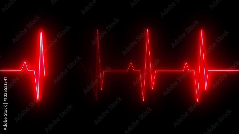 Abstract Neon heartbeat concept, glowing neon red color heart pulse rate monitor animation on black background
