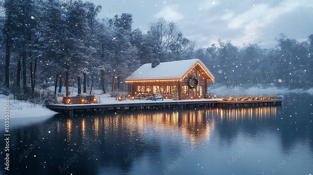 Fototapeta premium Snowy Forest Lake House with Christmas Lights and Dock