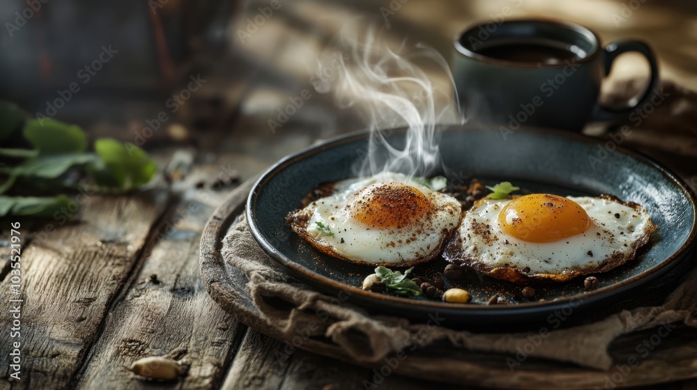 A gourmet breakfast, two fried eggs with different spices on them, and a steaming cup of coffee, styled on a rustic wooden table