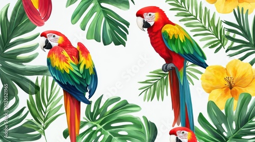 Charming seamless pattern of hand-painted tropical palm leaves alongside colorful parrots. Ideal for use in botanical-themed designs and a vibrant, tropical atmosphere.