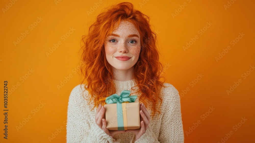 A woman with vibrant red hair holding a gift box against a orange backdrop A woman with vibrant red hair holding a gift box against a orange backdrop