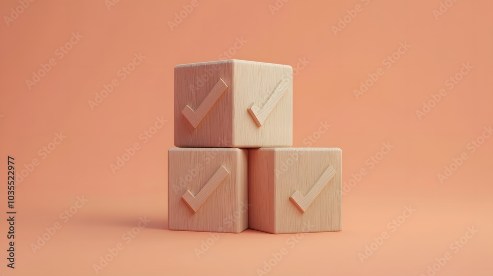 Obraz premium Wooden blocks with checkmarks on a light orange background, minimalist composition with soft shadows, clean aesthetic, smooth textures, subtle lighting, product photography style.