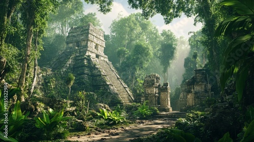 Fototapeta Naklejka Na Ścianę i Meble -  Lush Amazonian jungle clearing featuring ancient Mayan temple ruins, vibrant green trees and dense bushes, evoking a fantastical forest landscape rich in history and nature.
