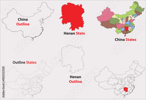 Henan map vector of China, Henan line map, Henan with city map, Henan outline map