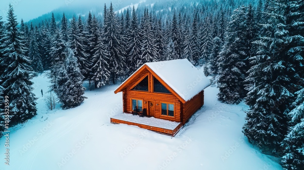 Fototapeta premium Winter Escape: Cozy Cabin Retreat in Snow-Covered Forest for Outdoor Adventures