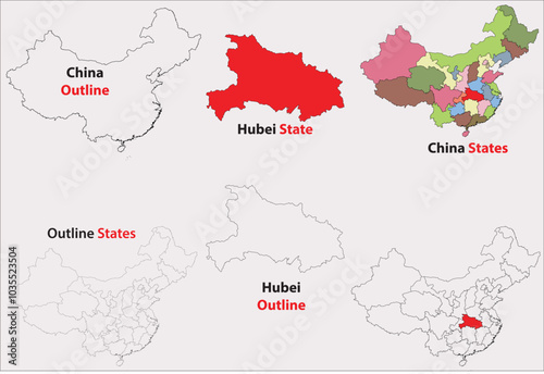 Hubei map vector of China, Hubei line map, Hubei with city map, Hubei outline map