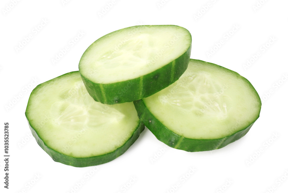 Slices of fresh cucumber isolated on white Slices of fresh cucumber isolated on white