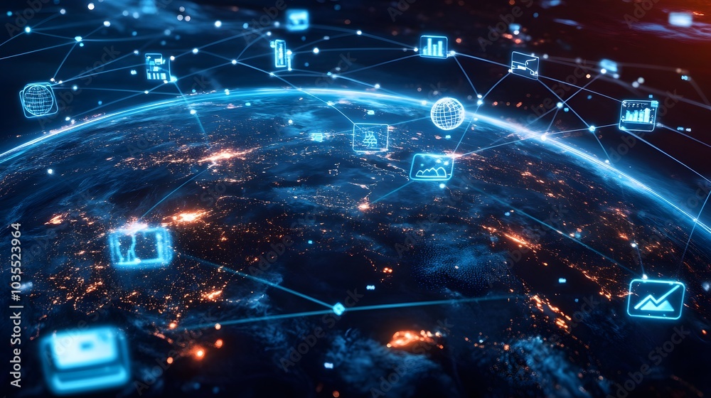 Tech devices and icons connected to digital planet earth. Tech devices and icons connected to digital planet earth.