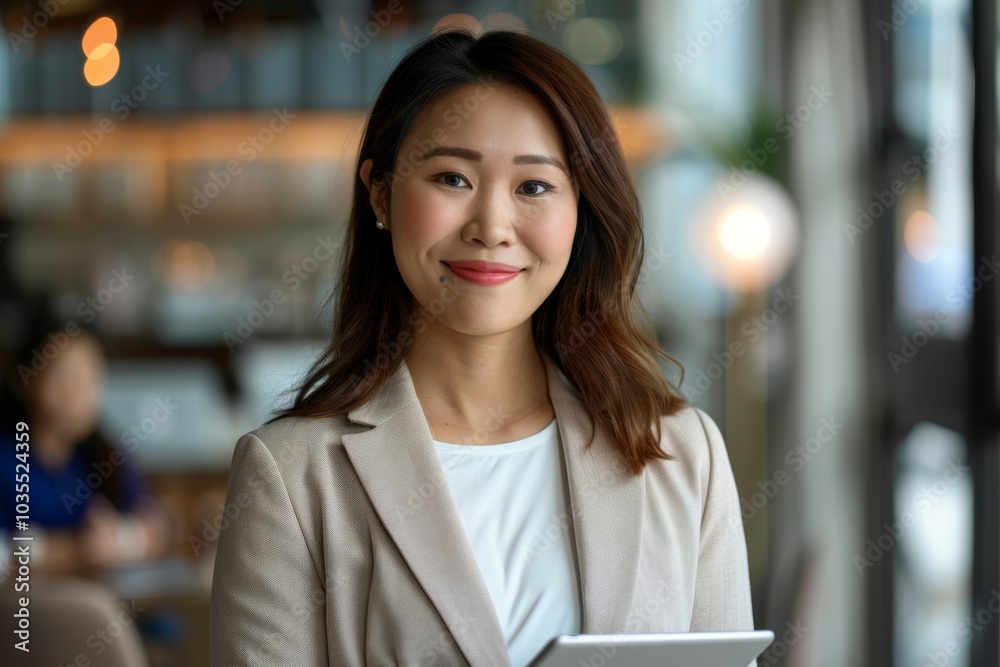 Happy young Asian saleswoman looking at camera welcoming client. Smiling woman executive manager, secretary offering professional business services holding digital tablet standing in office. Portrait Happy young Asian saleswoman looking at camera welcoming client. Smiling woman executive manager, secretary offering professional business services holding digital tablet standing in office. Portrait