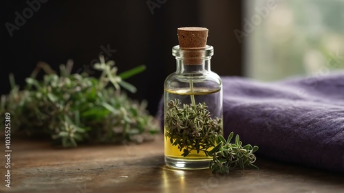 Isolated thyme essential oil bottle in clear glass creating a tranquil setting, complemented by vibrant colors, fresh herbs, and soft fabrics under gentle light