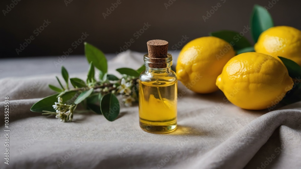 Isolated lemon essential oil bottle in clear glass creating a tranquil setting, complemented by vibrant colors, fresh herbs, and soft fabrics under gentle light Isolated lemon essential oil bottle in clear glass creating a tranquil setting, complemented by vibrant colors, fresh herbs, and soft fabrics under gentle light