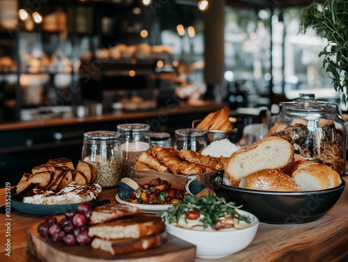 Delicious Food Buffet Spread with Fresh Bread Grapes and Salad