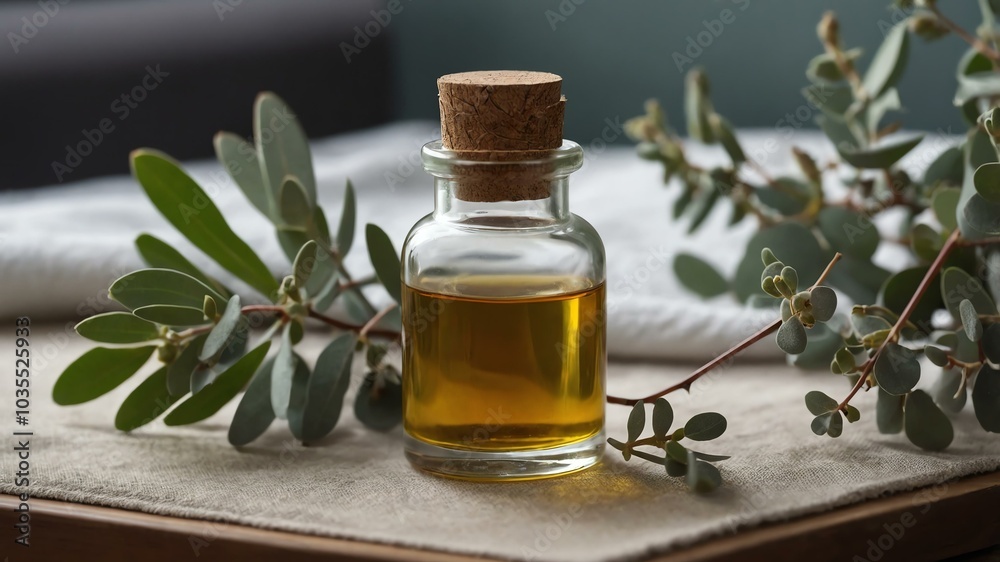 Isolated eucalyptus essential oil bottle in clear glass creating a tranquil setting, complemented by vibrant colors, fresh herbs, and soft fabrics under gentle light Isolated eucalyptus essential oil bottle in clear glass creating a tranquil setting, complemented by vibrant colors, fresh herbs, and soft fabrics under gentle light