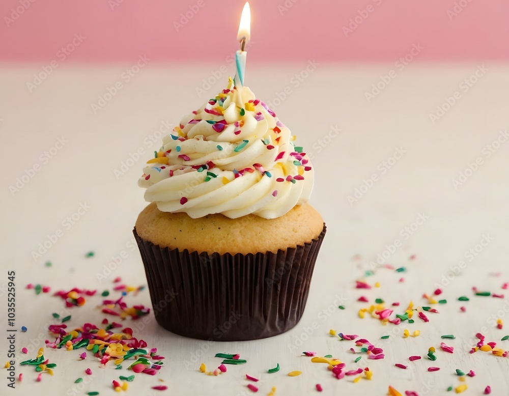 birthday delicious cupcake with candle and colorful sprinkles lying on a table