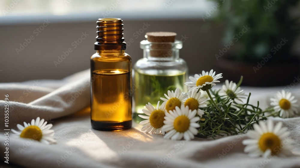 Isolated chamomile essential oil bottle in clear glass creating a tranquil setting, complemented by vibrant colors, fresh herbs, and soft fabrics under gentle light Isolated chamomile essential oil bottle in clear glass creating a tranquil setting, complemented by vibrant colors, fresh herbs, and soft fabrics under gentle light