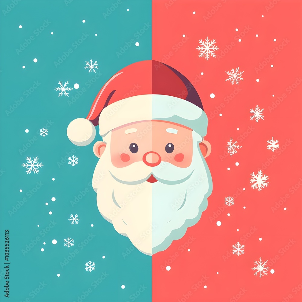 Santa Claus Face with Snowflakes on Red and Blue Background
