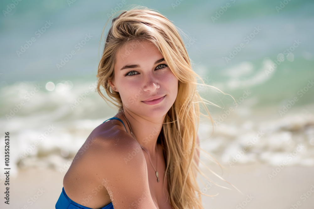 Young blonde woman enjoying a sunny day at the beach with a relaxed smile. Young blonde woman enjoying a sunny day at the beach with a relaxed smile.