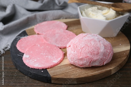 Dough for tasty homemade mochi on wooden table, closeup