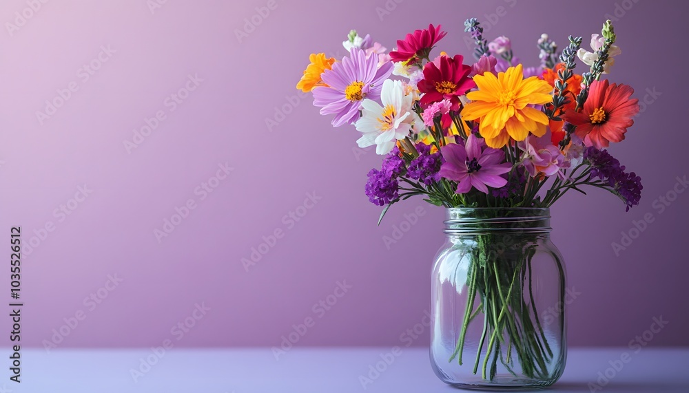 A whimsical mix of colorful flowers in a jar on a solid lavender background with ample room for text A whimsical mix of colorful flowers in a jar on a solid lavender background with ample room for text
